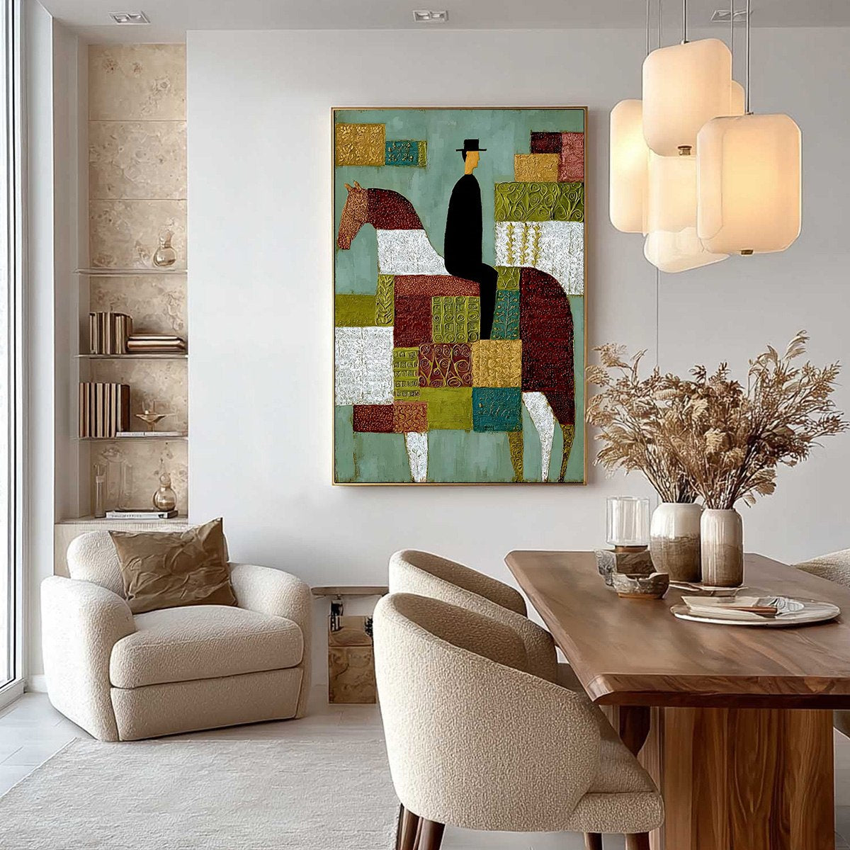 THE PATCHWORK RIDER: Textured Figurative Painting of a Man on a Horse