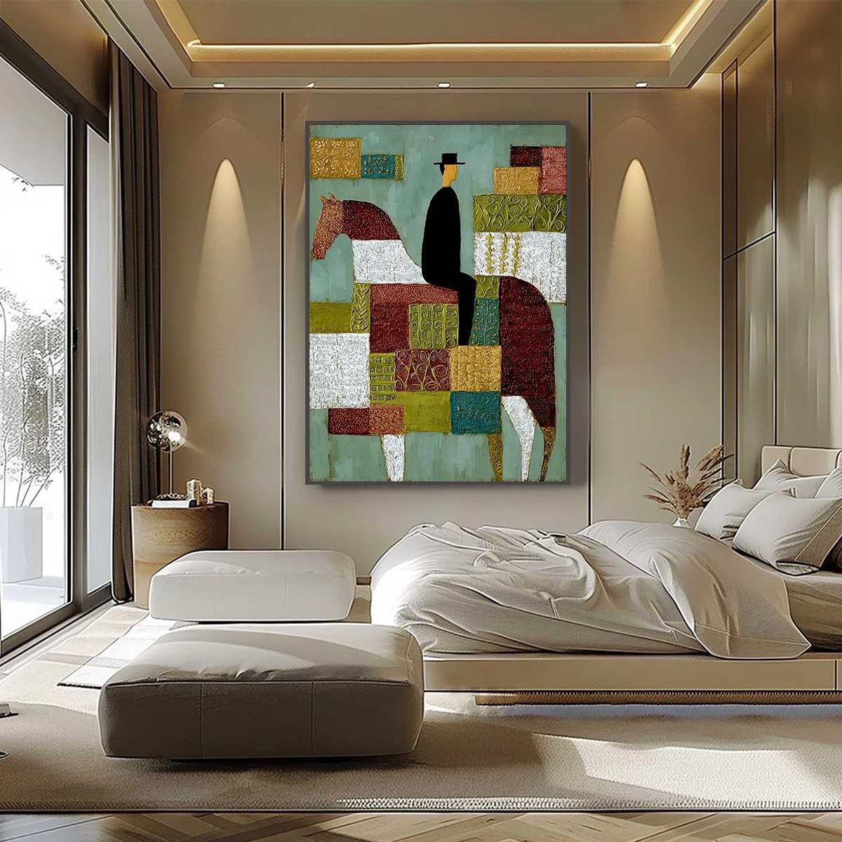 THE PATCHWORK RIDER: Textured Figurative Painting of a Man on a Horse