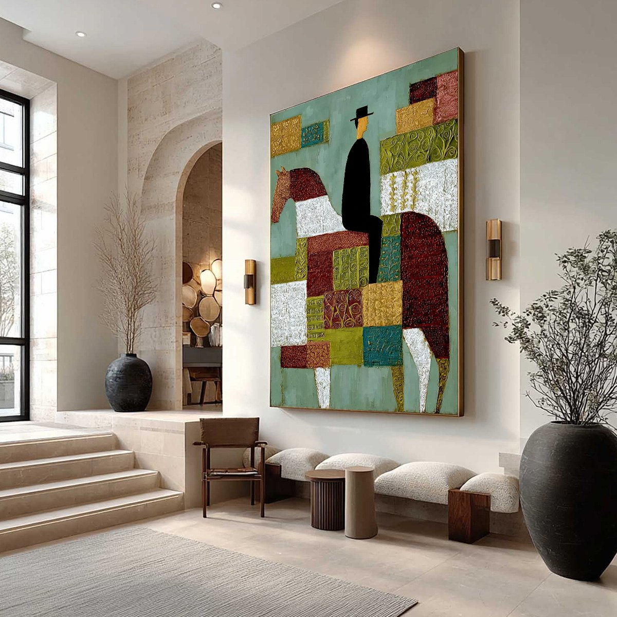 THE PATCHWORK RIDER: Textured Figurative Painting of a Man on a Horse