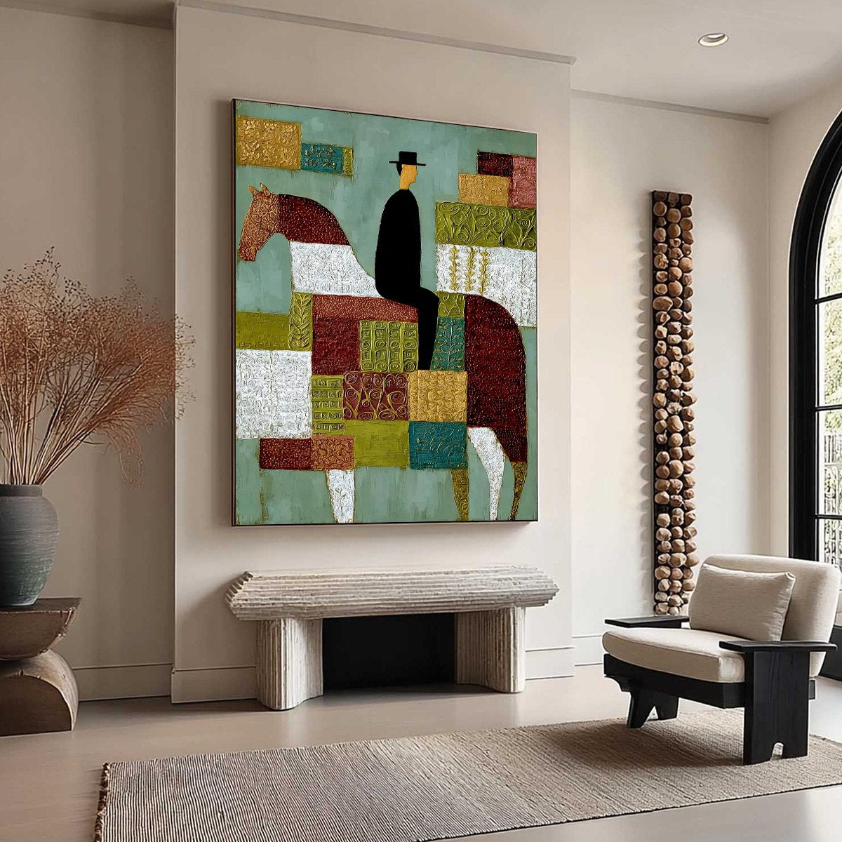 THE PATCHWORK RIDER: Textured Figurative Painting of a Man on a Horse