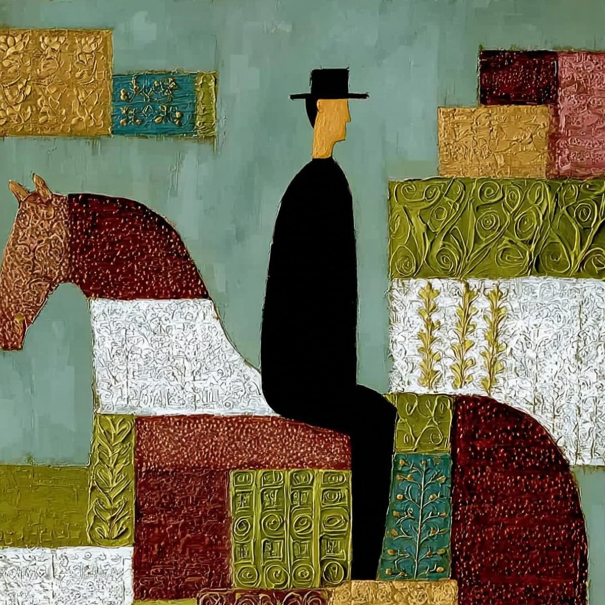THE PATCHWORK RIDER: Textured Figurative Painting of a Man on a Horse