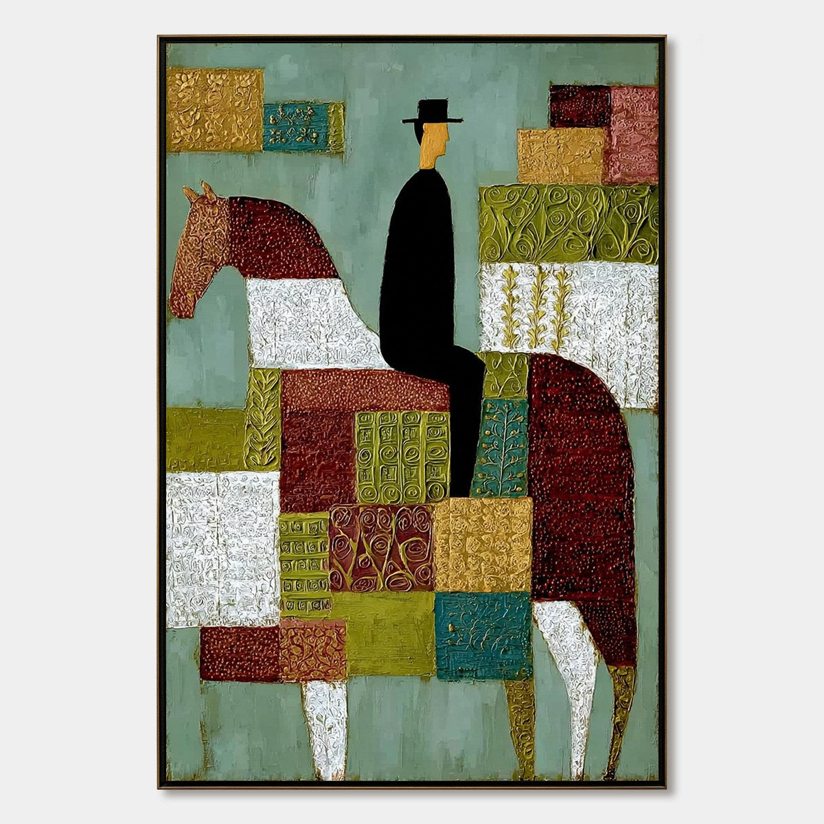 THE PATCHWORK RIDER: Textured Figurative Painting of a Man on a Horse