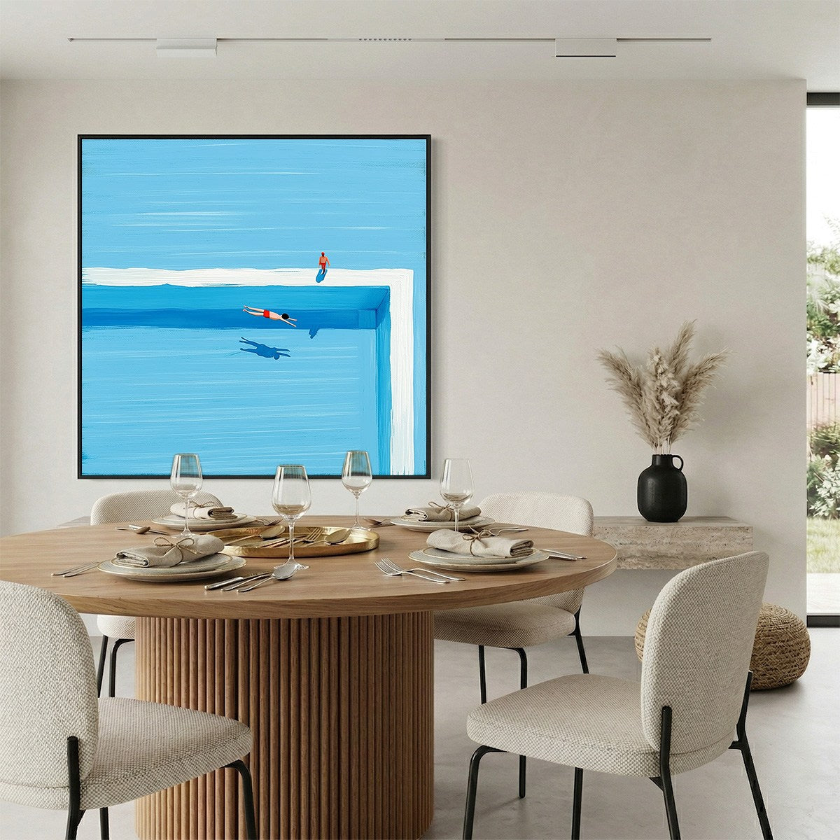 Original abstract blue oil painting 'The Plunge' depicting a minimalist summer pool scene with a swimmer.