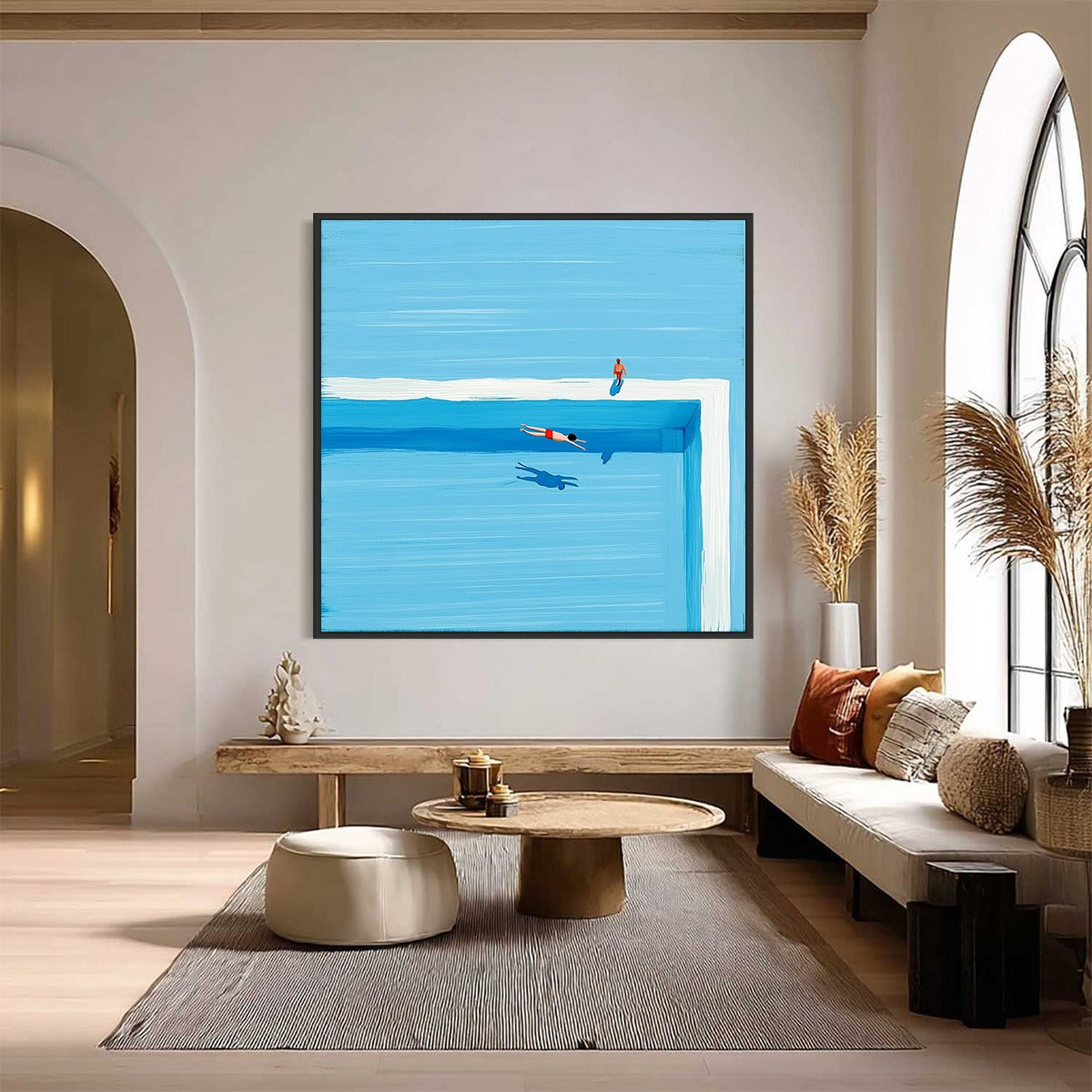 THE PLUNGE original abstract painting: minimalist blue summer pool scene.