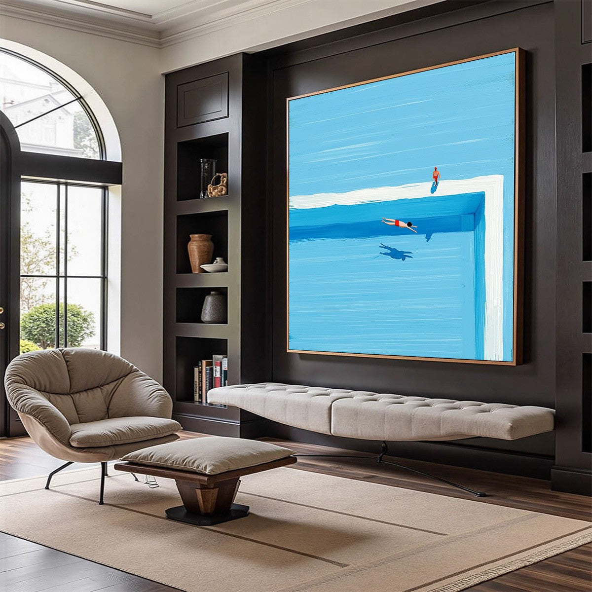 Modern wall art: Original abstract painting 'The Plunge' of swimmers in a minimalist blue pool.