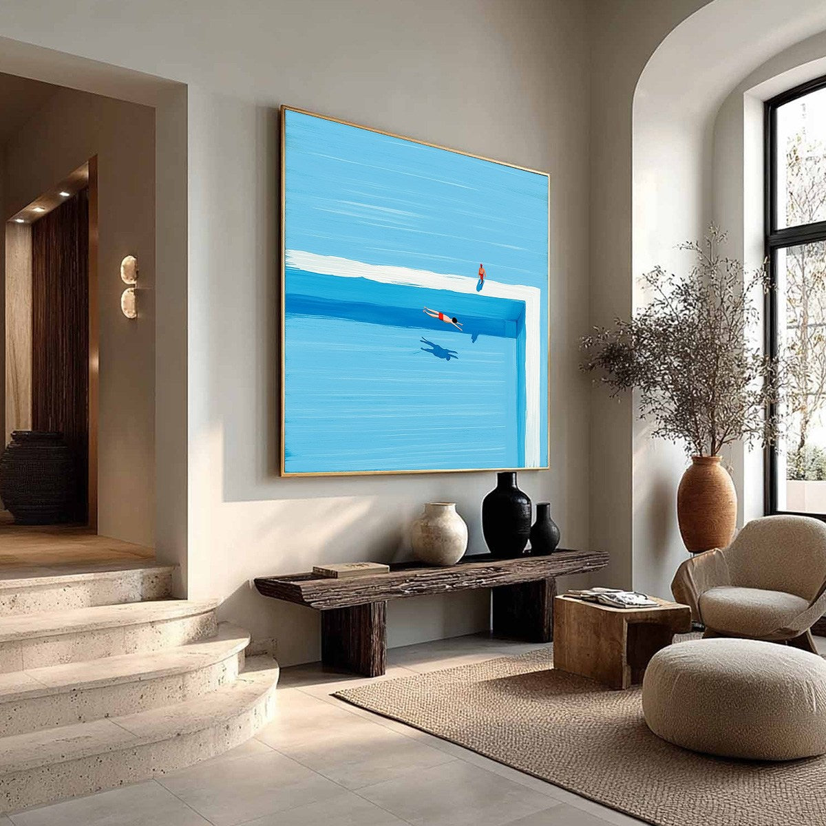 Original minimalist abstract modern wall art: swimmers in serene blue pool.