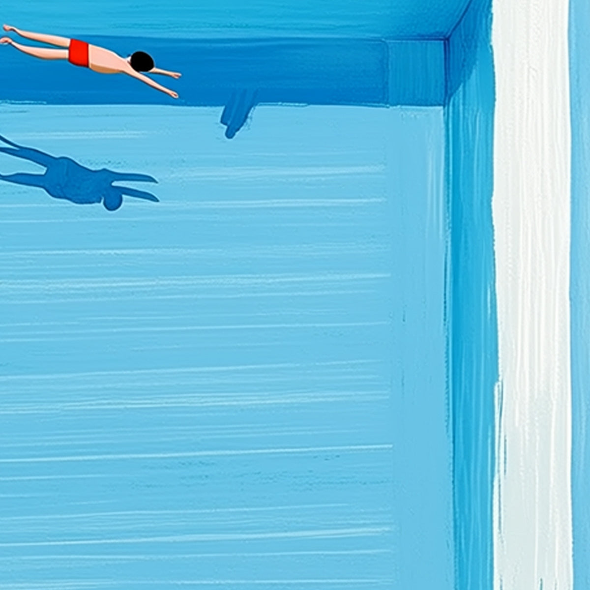 The Plunge original painting: minimalist abstract art of diver in blue pool.