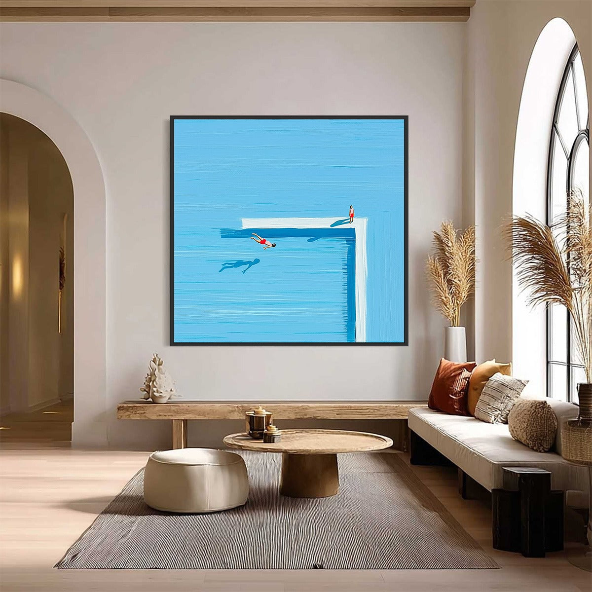 The Plunge: minimalist modern original wall art of diver in summer pool scene