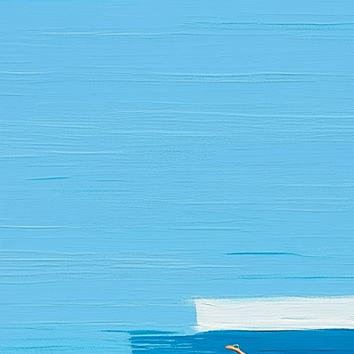 Minimalist abstract oil painting of a diver mid-plunge into a serene blue pool. Modern wall art.