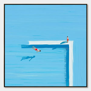 Minimalist modern wall art: original oil painting of summer pool dive.