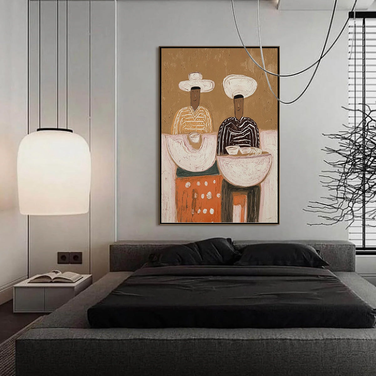 Handmade modern wall art: Original abstract painting 'The Sharing Bowl', two figures sharing bowls, textured.