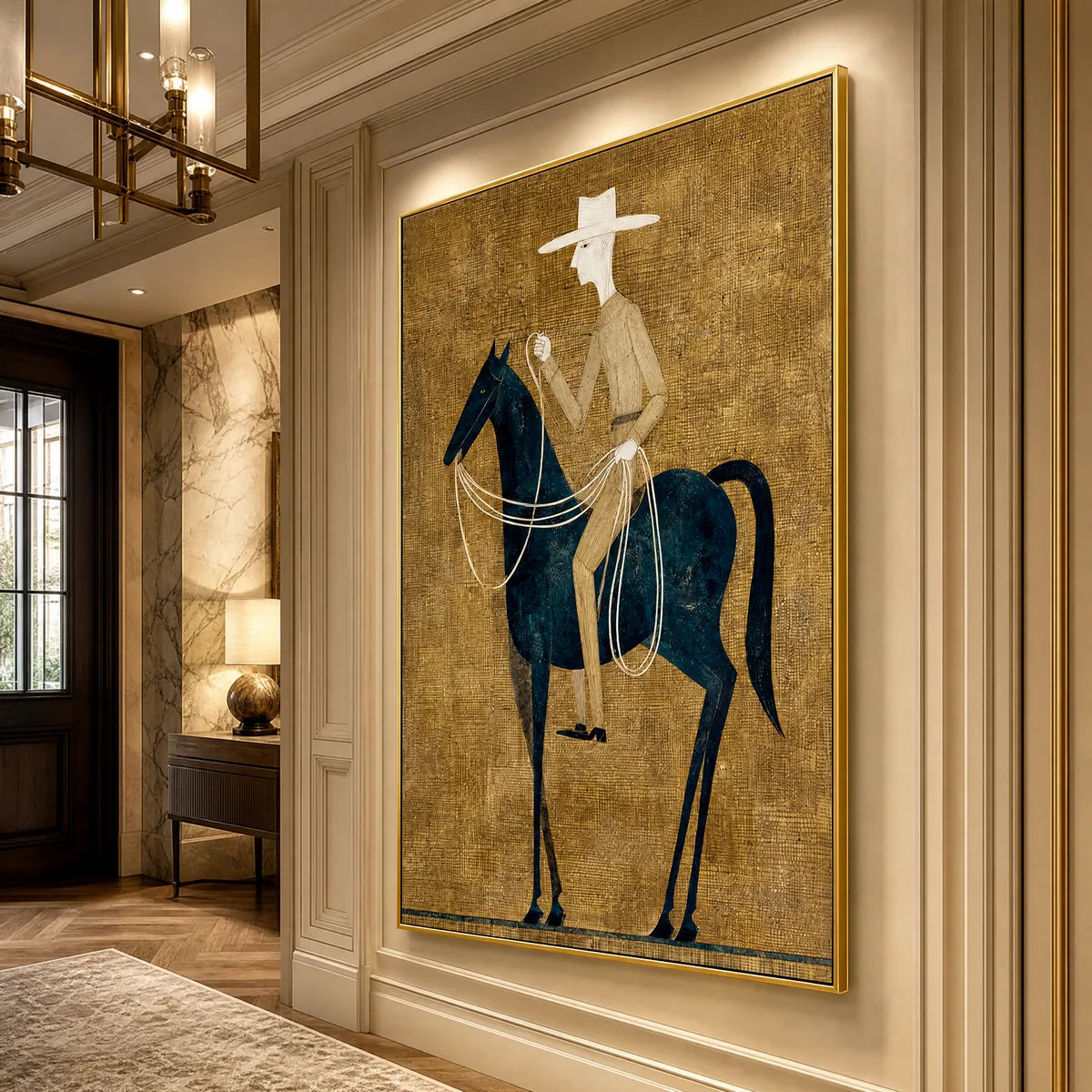 Minimalist equestrian wall art with rider on dark blue horse, gold textured background