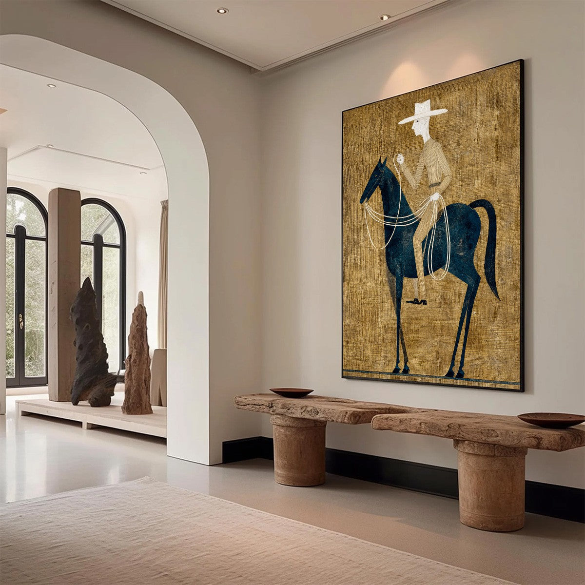 THE WANDERER: Minimalist Equestrian Portrait with Golden Texture