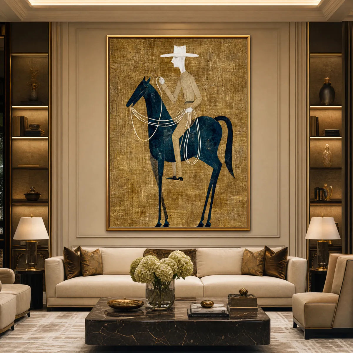 Minimalist equestrian wall art with blue horse and rider on golden textured background