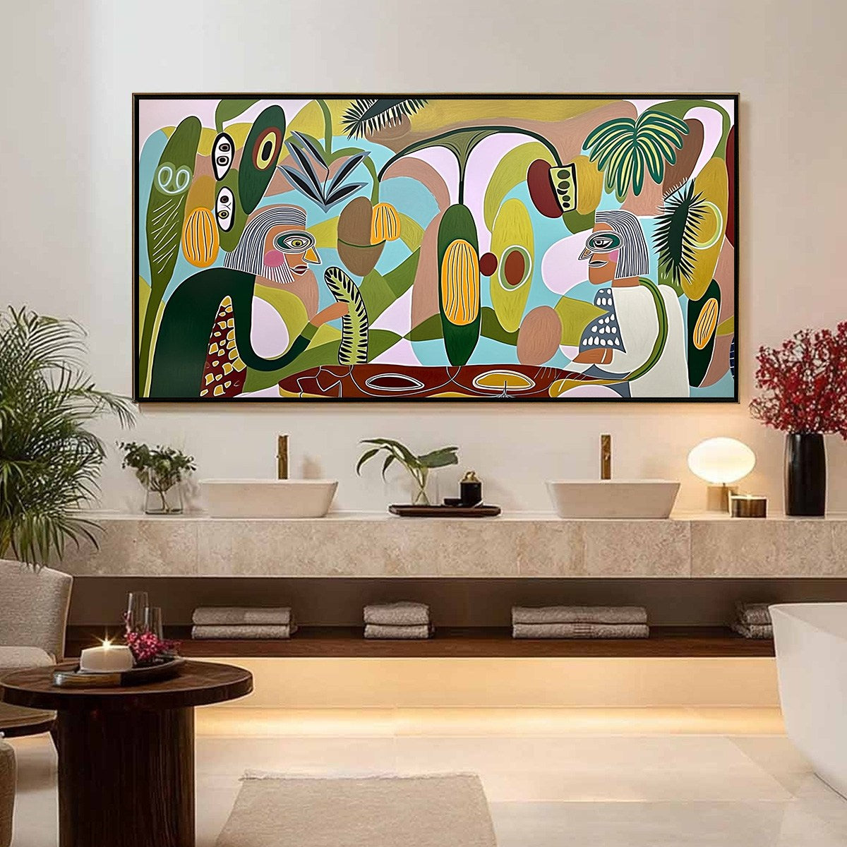 The Conversationalists Abstract Oil Painting | Colorful Horizontal