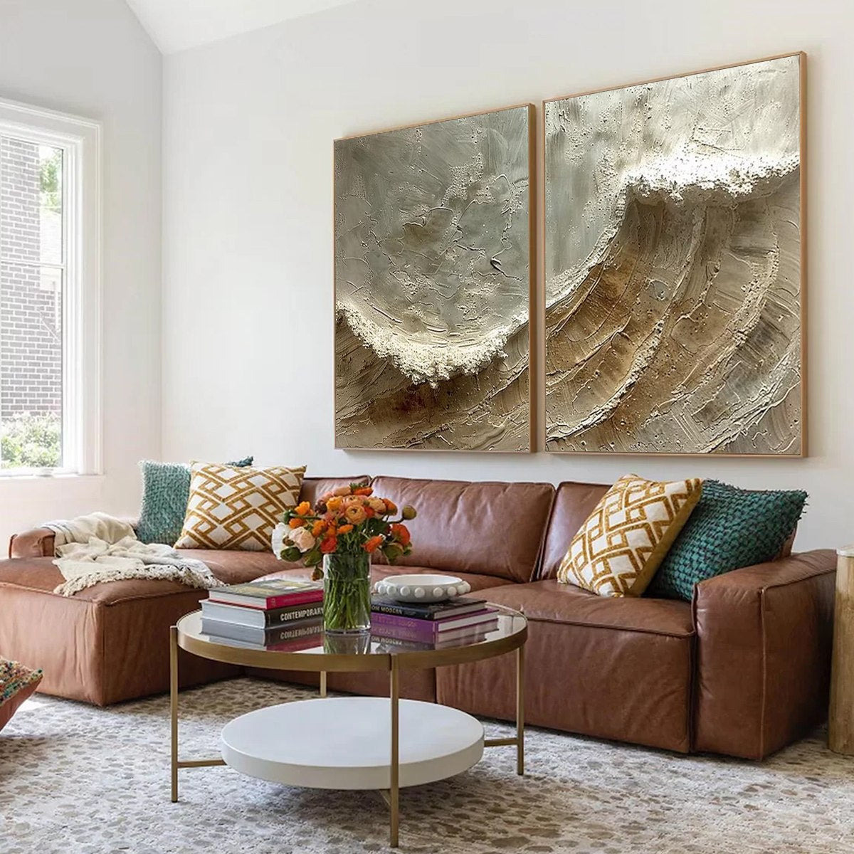 TIDAL WHISPER: Textured Wabi Sabi Coastal Diptych Oil Painting