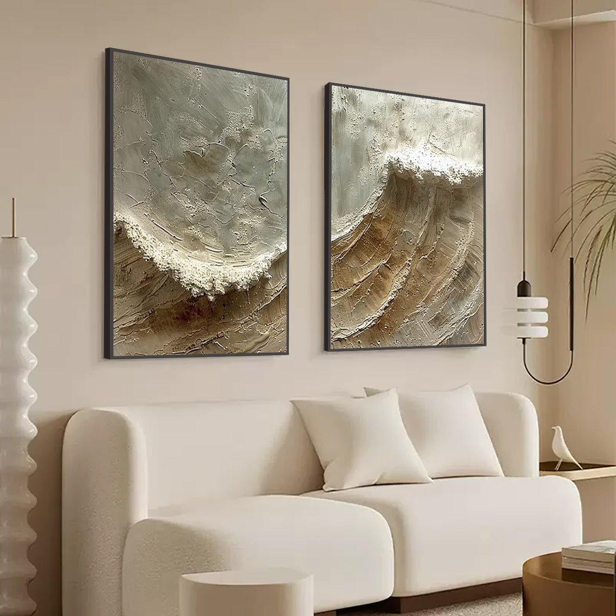 TIDAL WHISPER: Textured Wabi Sabi Coastal Diptych Oil Painting