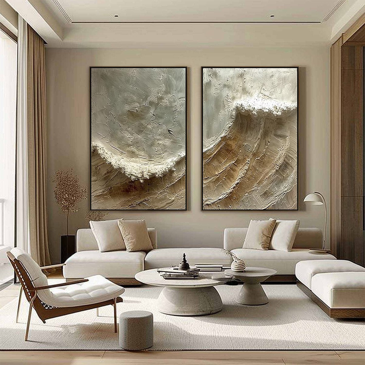 TIDAL WHISPER: Textured Wabi Sabi Coastal Diptych Oil Painting