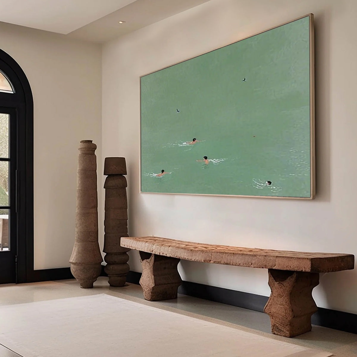 Tidal Glide Swimmer Oil Painting, Minimalist Sports Wall Art