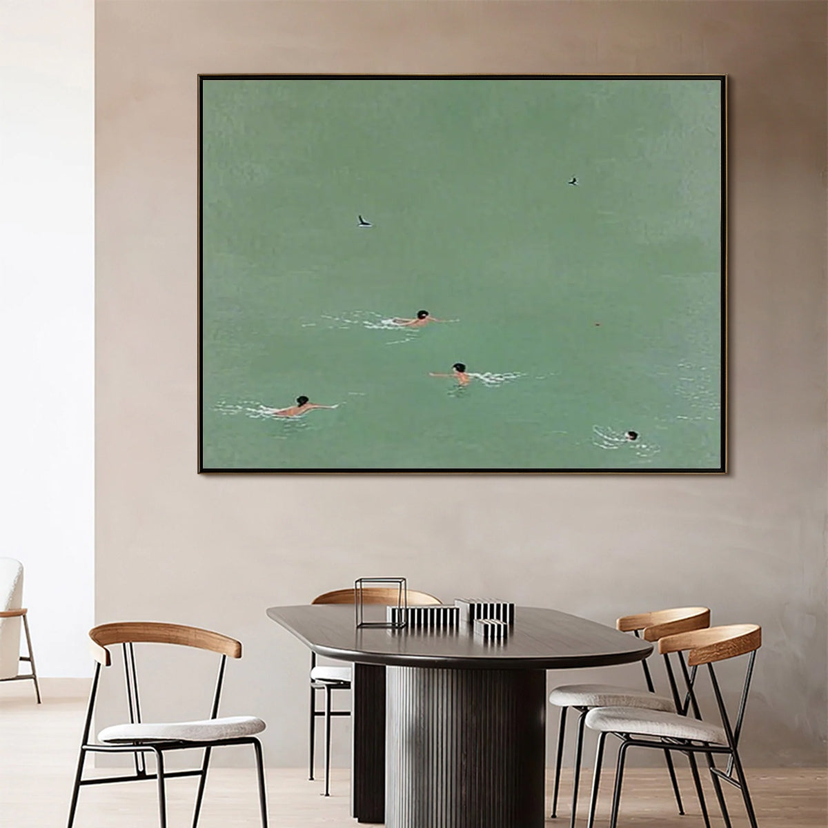 Tidal Glide Swimmer Oil Painting, Minimalist Sports Wall Art