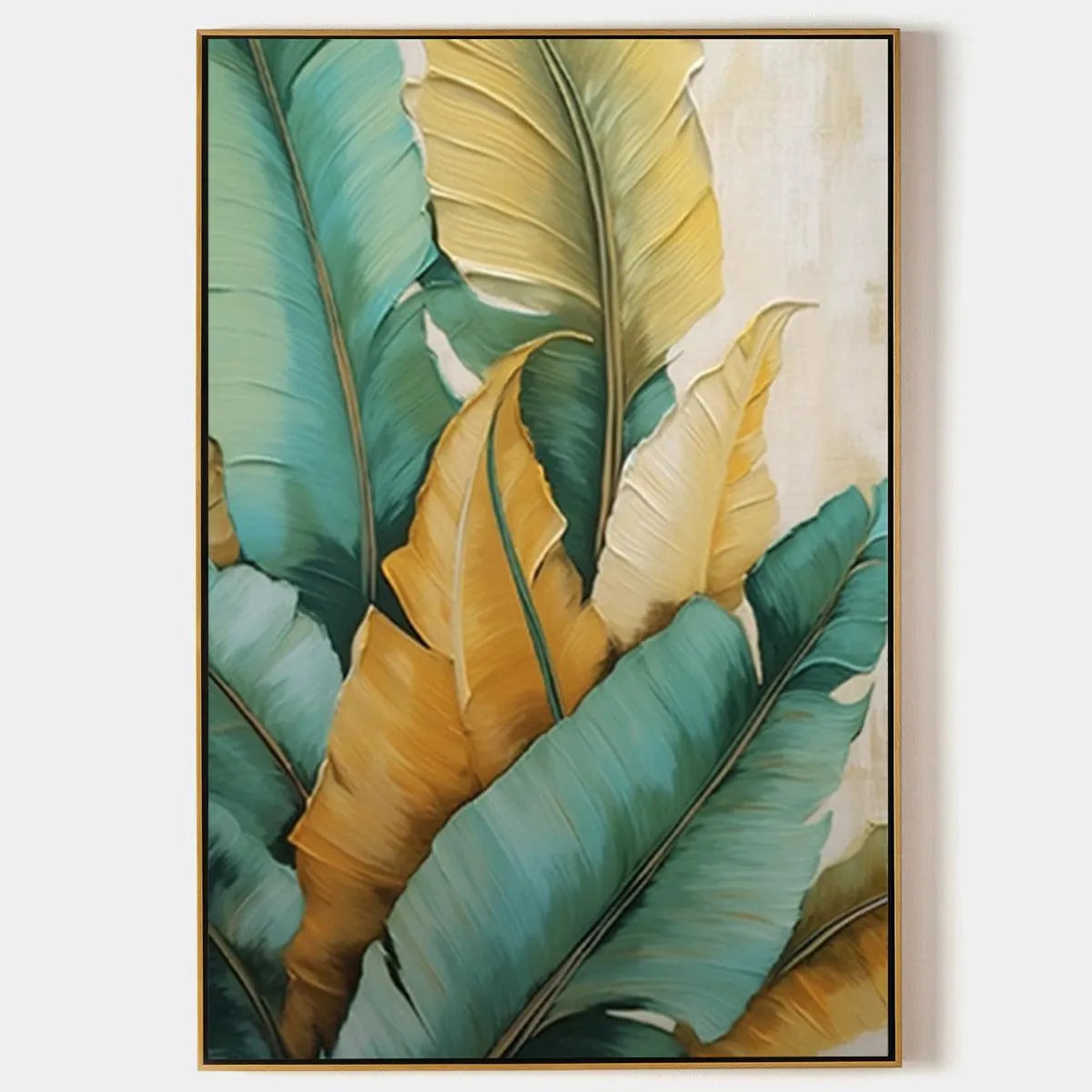 Textured Tropical Leaves Painting, Green and Gold Wall Art, Vertical Canvas, Botanical Decor