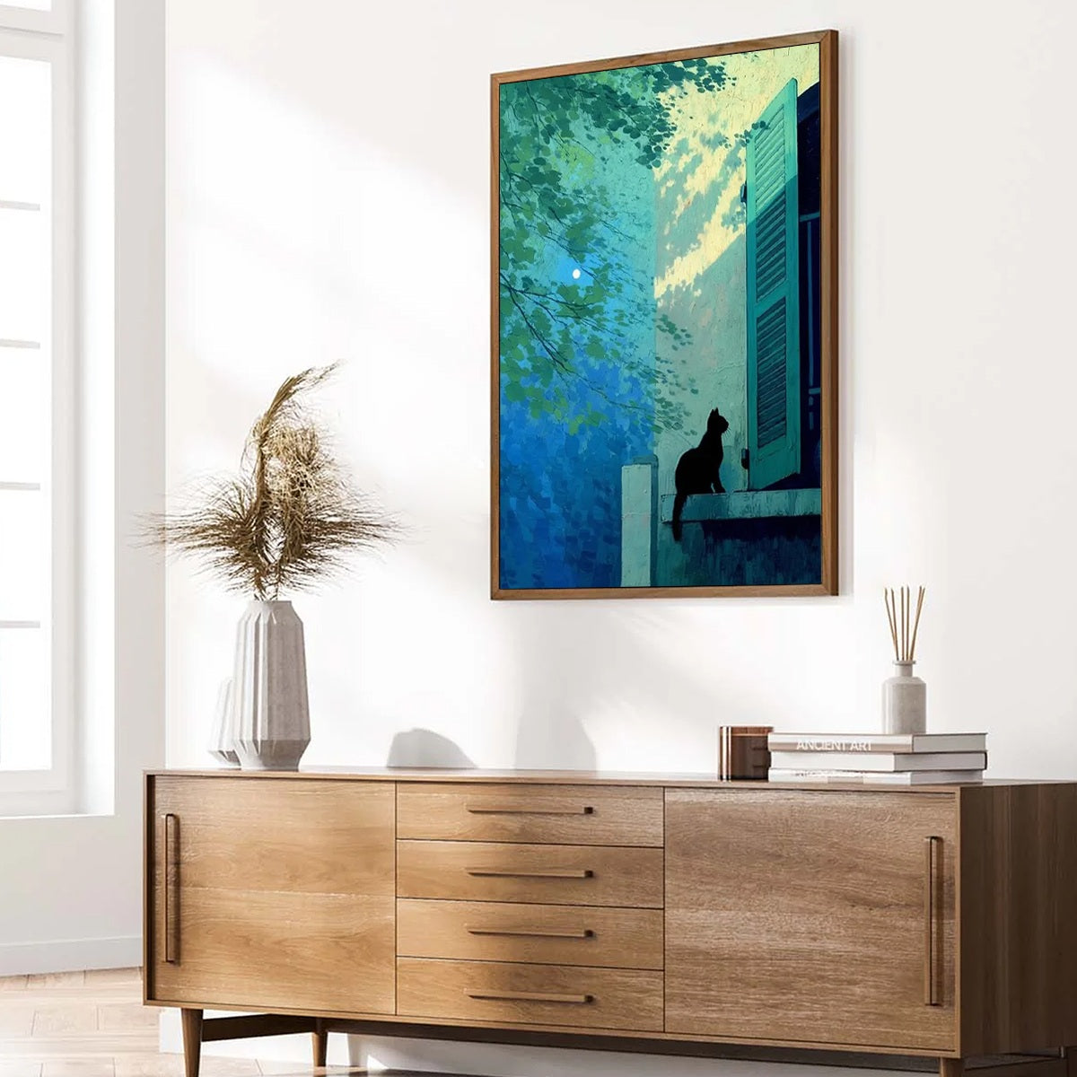 TWILIGHT PERCH: Minimalist Night Window Cat Oil Painting