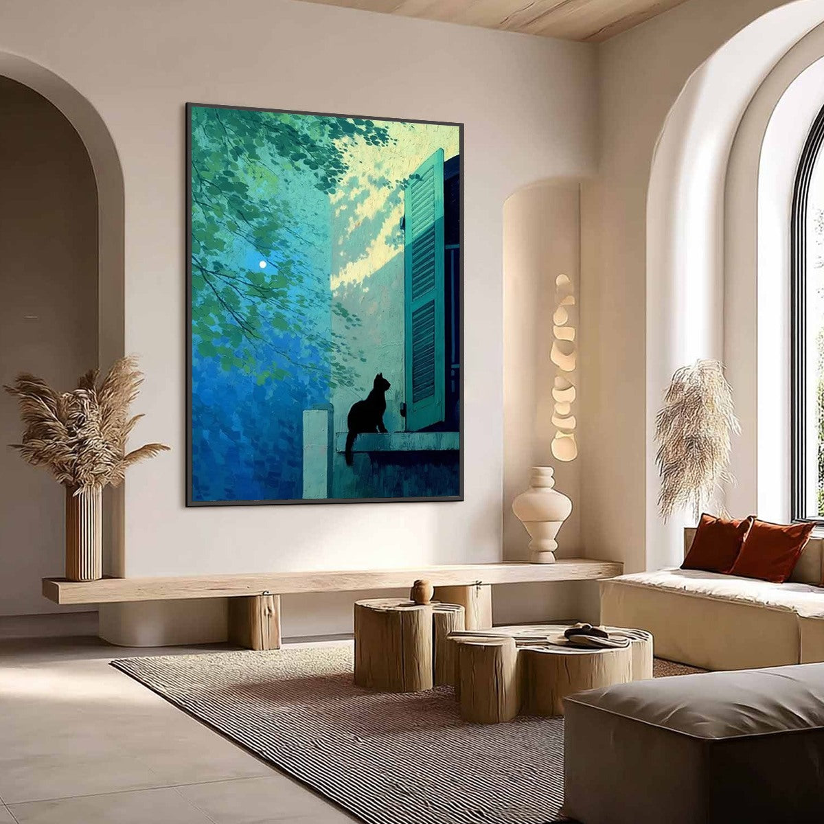 TWILIGHT PERCH: Minimalist Night Window Cat Oil Painting