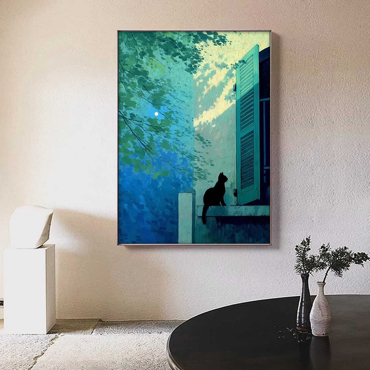 TWILIGHT PERCH: Minimalist Night Window Cat Oil Painting