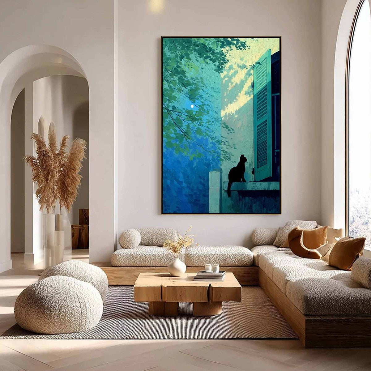 TWILIGHT PERCH: Minimalist Night Window Cat Oil Painting