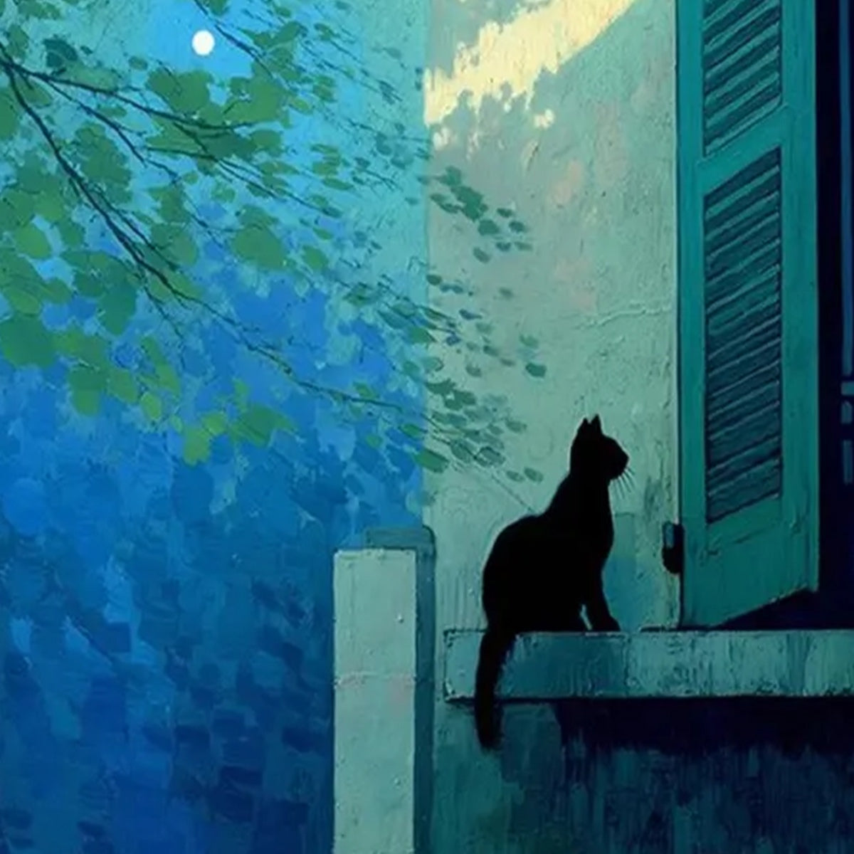 TWILIGHT PERCH: Minimalist Night Window Cat Oil Painting