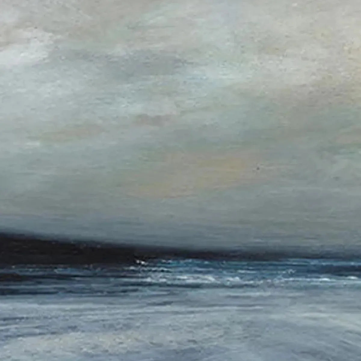 Twilight Coast by Liam O'Connell: horizontal panoramic oil painting of muted blue and gray sea at dusk.