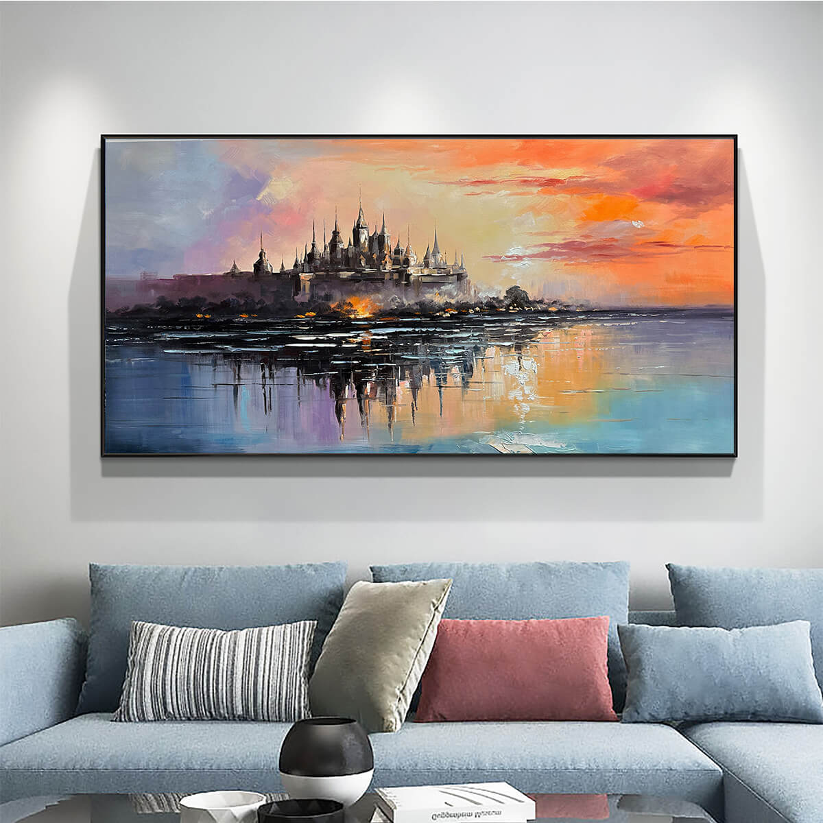 Twilight Kingdom: Panoramic Castle Landscape Oil Painting Canvas Wall Art Decor