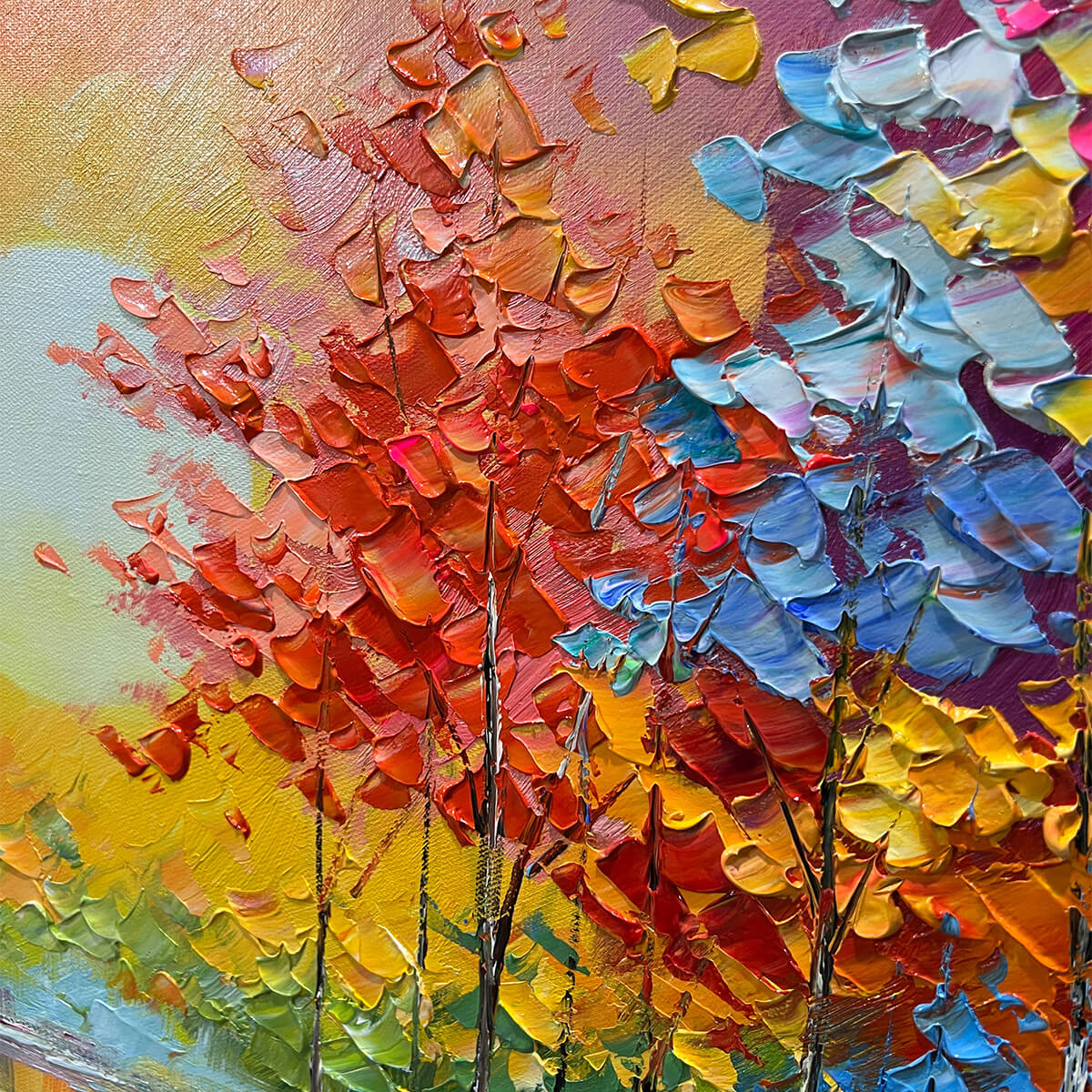 Textured impasto detail of Willow Davies' 'Twilight Reflections' with vibrant red, orange, blue strokes.