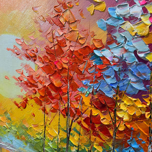 Textured impasto detail of Willow Davies' 'Twilight Reflections' with vibrant red, orange, blue strokes.