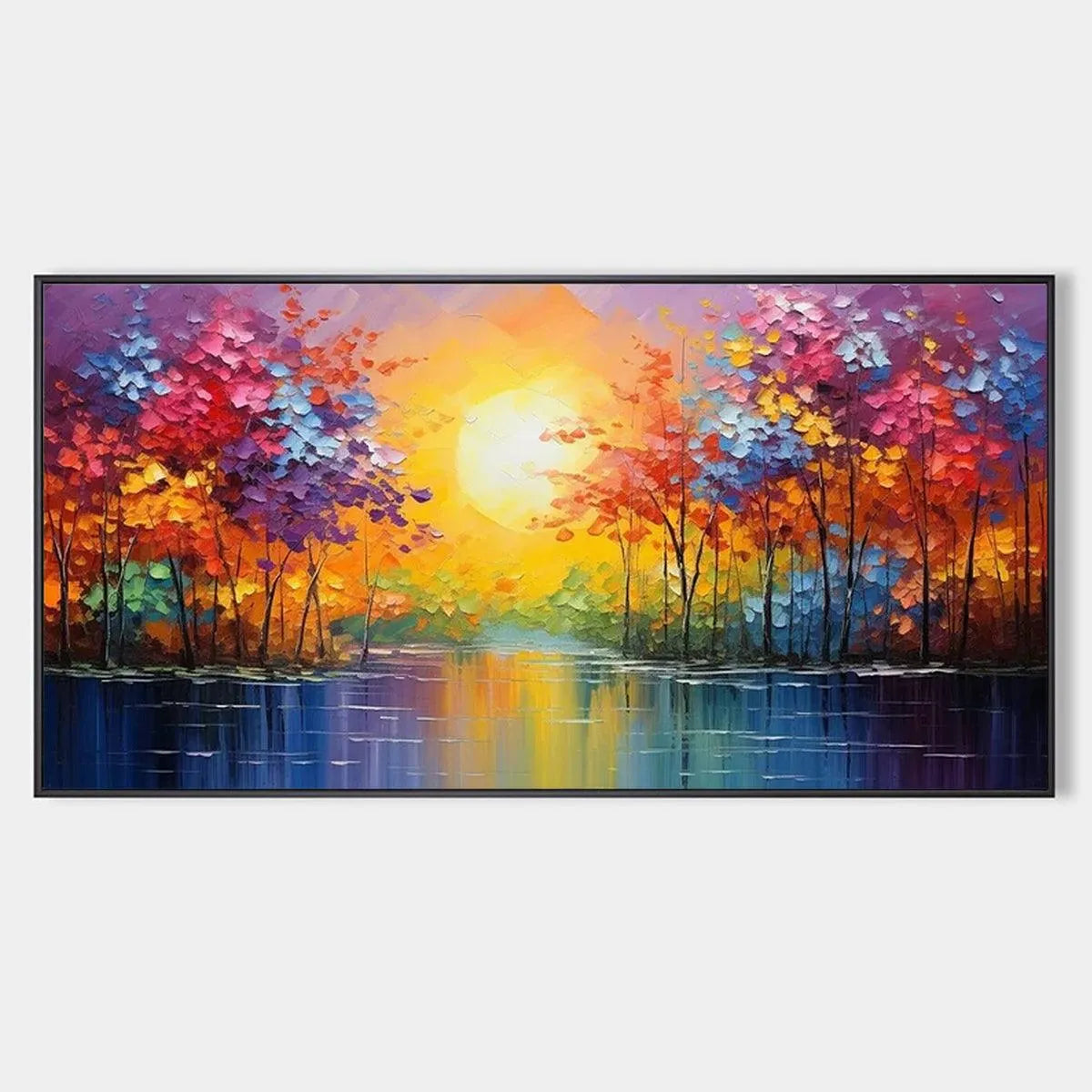 Colorful Landscape Painting of Trees by the Water