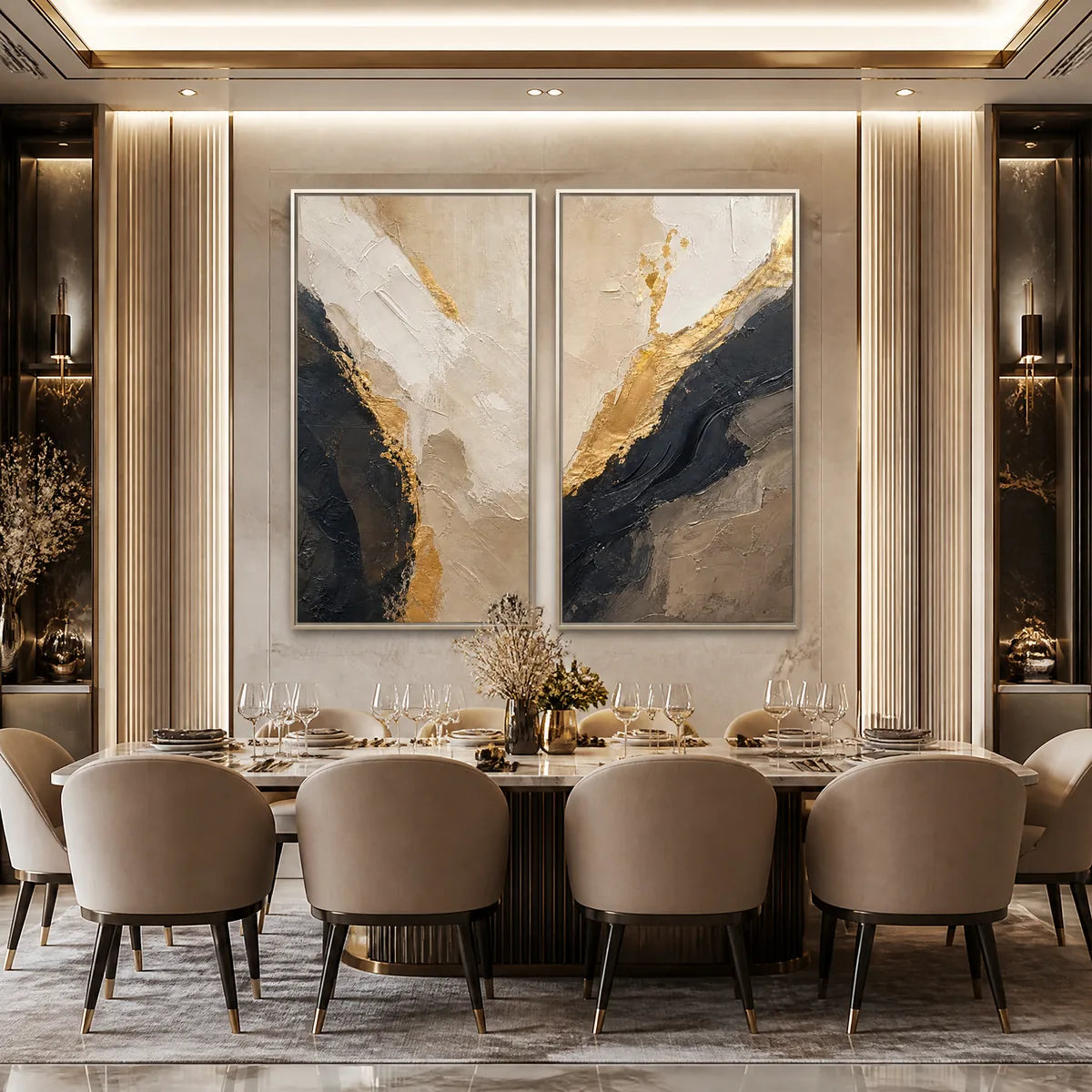 TWIN EMBER: Black Gold Diptych Abstract Set