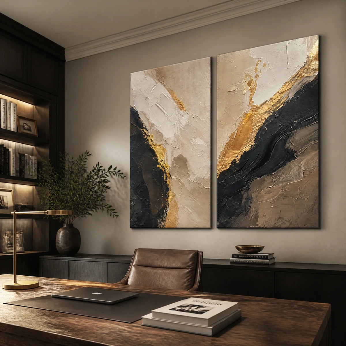 TWIN EMBER black gold diptych abstract wall art in luxury office.