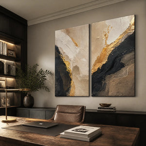 TWIN EMBER black gold diptych abstract wall art in luxury office.