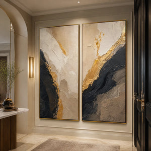 TWIN EMBER: Black Gold Diptych Abstract Set