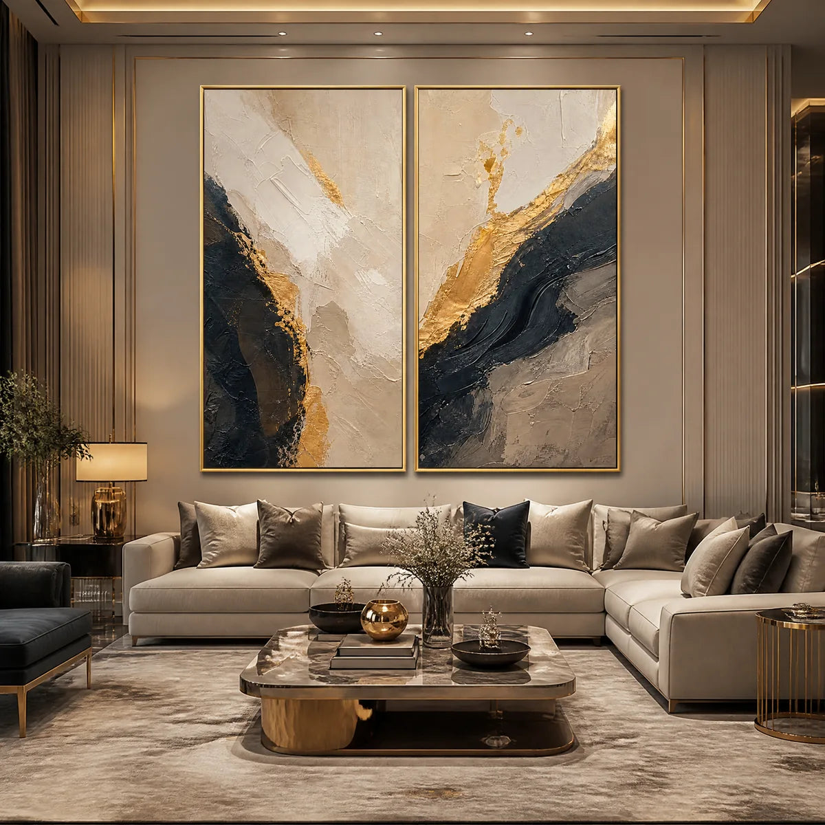 TWIN EMBER: Black Gold Diptych Abstract Set
