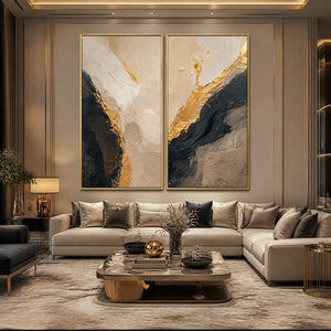 TWIN EMBER: Black Gold Diptych Abstract Set