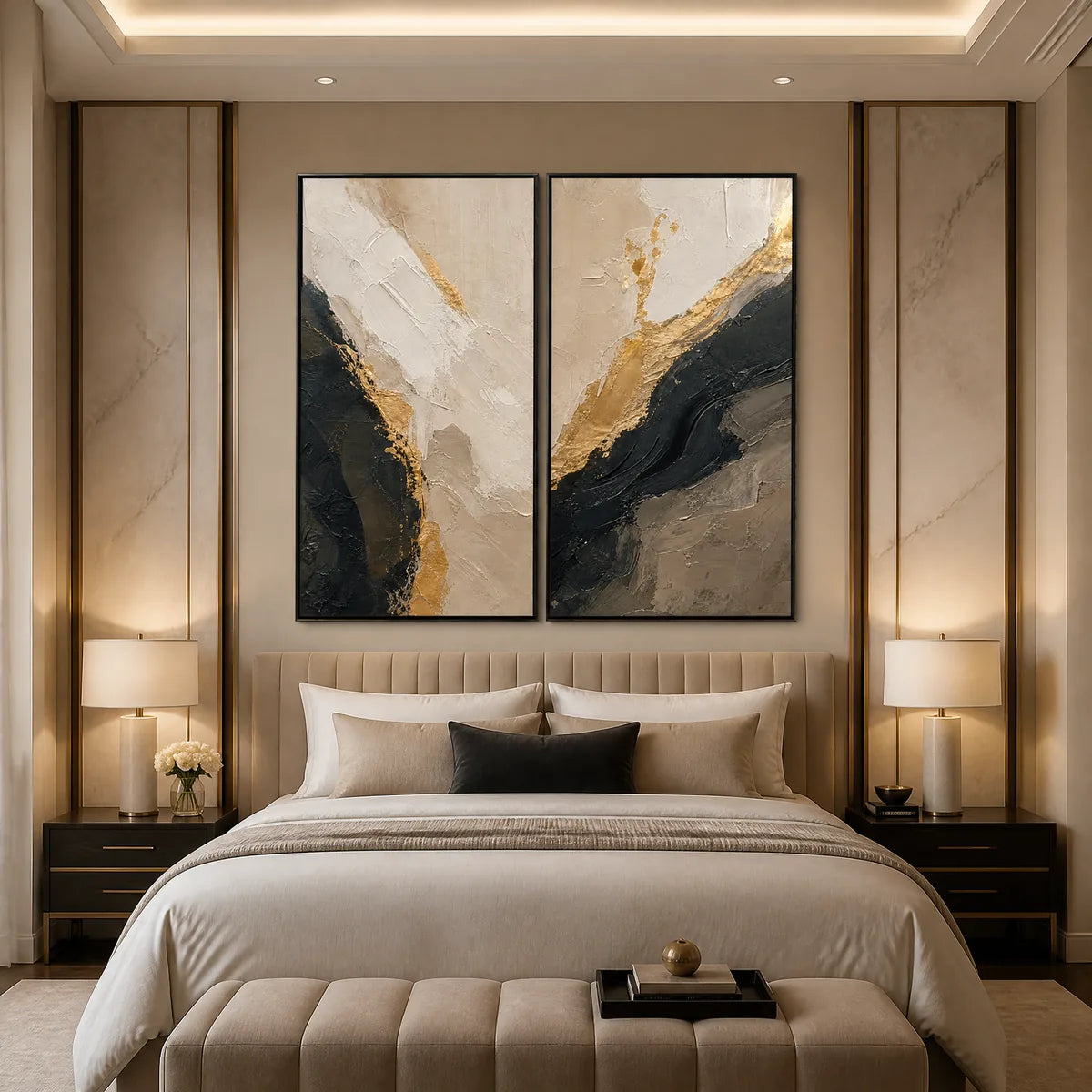 TWIN EMBER: Black Gold Diptych Abstract Set