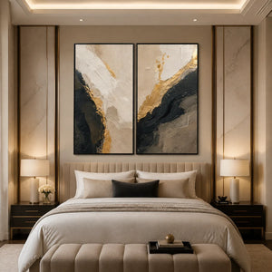 TWIN EMBER: Black Gold Diptych Abstract Set