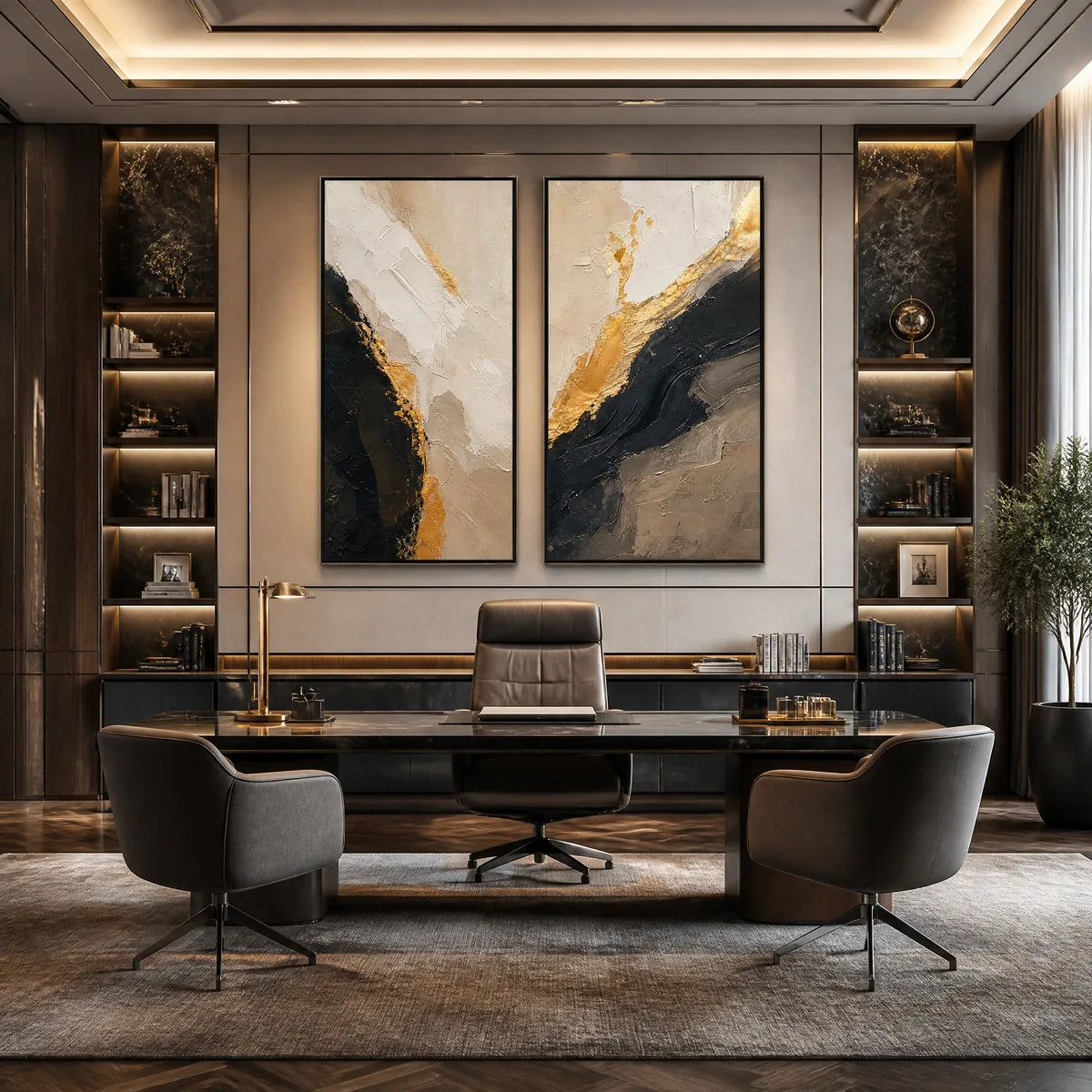 TWIN EMBER: Black Gold Diptych Abstract Set