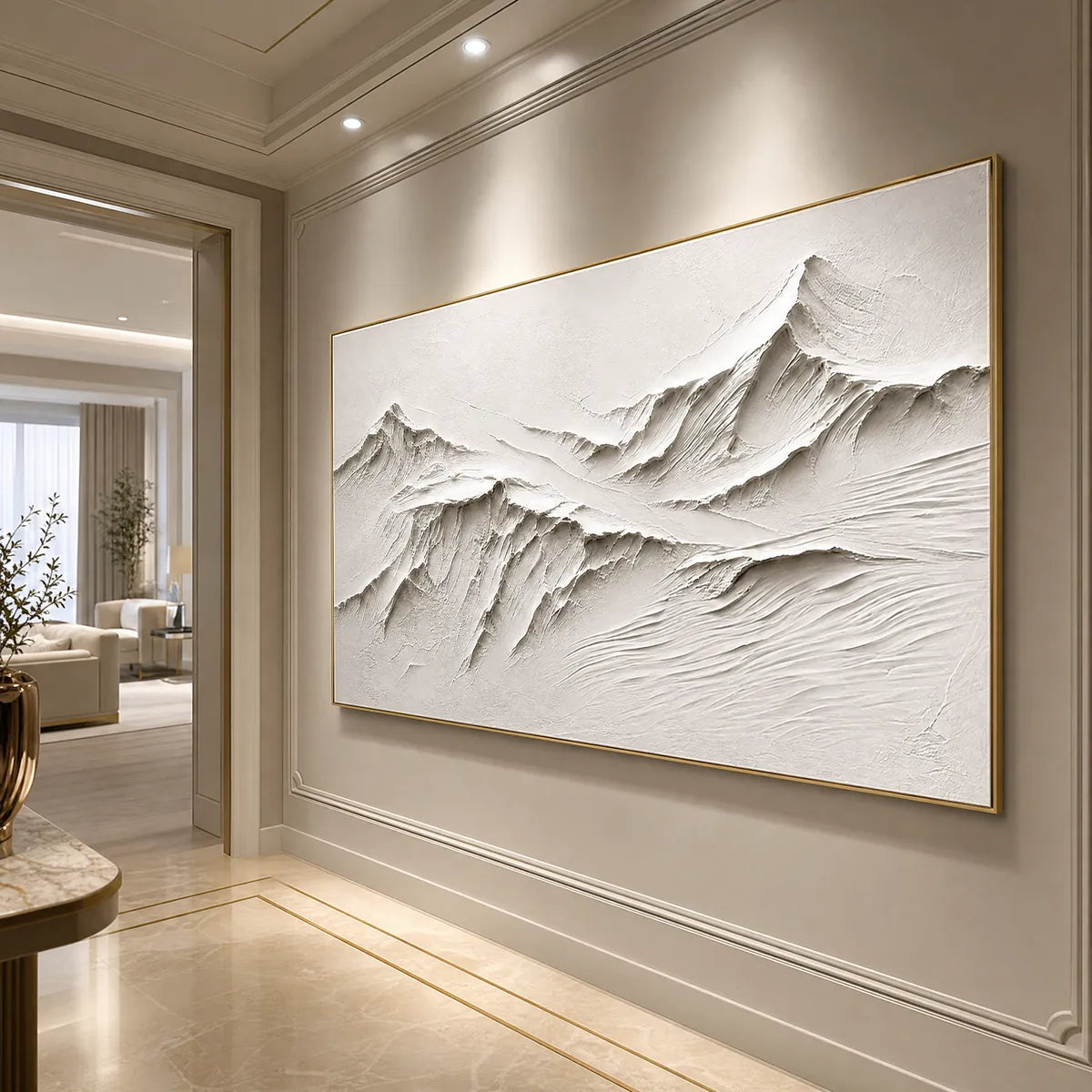 White textured mountain wall art with abstract peaks in a gold frame