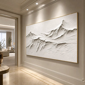 White textured mountain wall art with abstract peaks in a gold frame