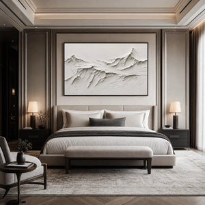 White textured mountain wall art above modern luxury bed in neutral bedroom