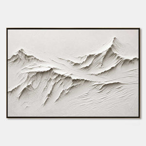 White textured mountain abstract wall art with sculptural acrylic peaks in a black frame