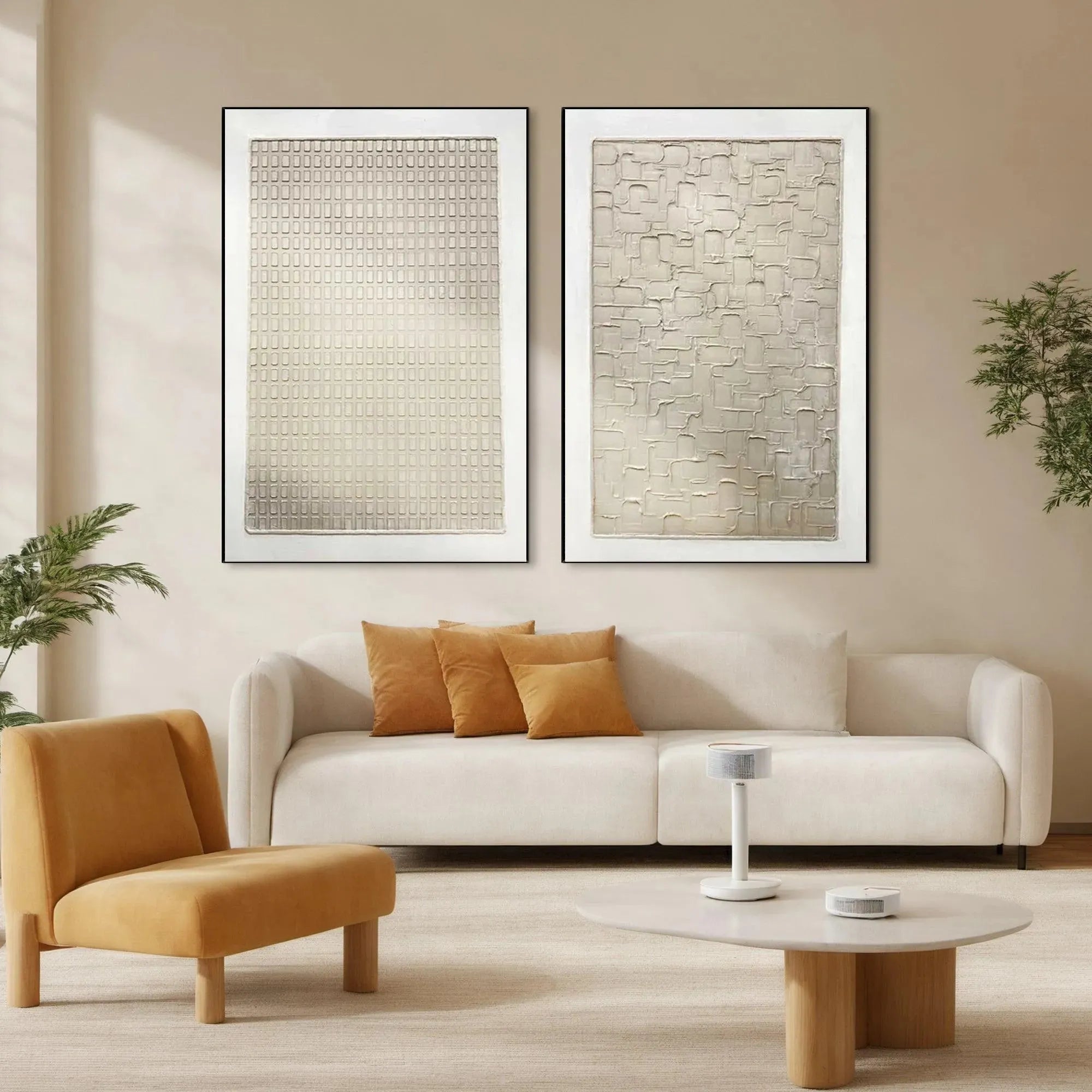 Textured Beige Grid Set of 2 by Javier Ramirez in a modern living room, minimalist art for home decor.