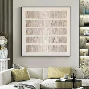 Minimalist textured beige painting with five horizontal rows of vertical lines in black frame, styled above white sofa.